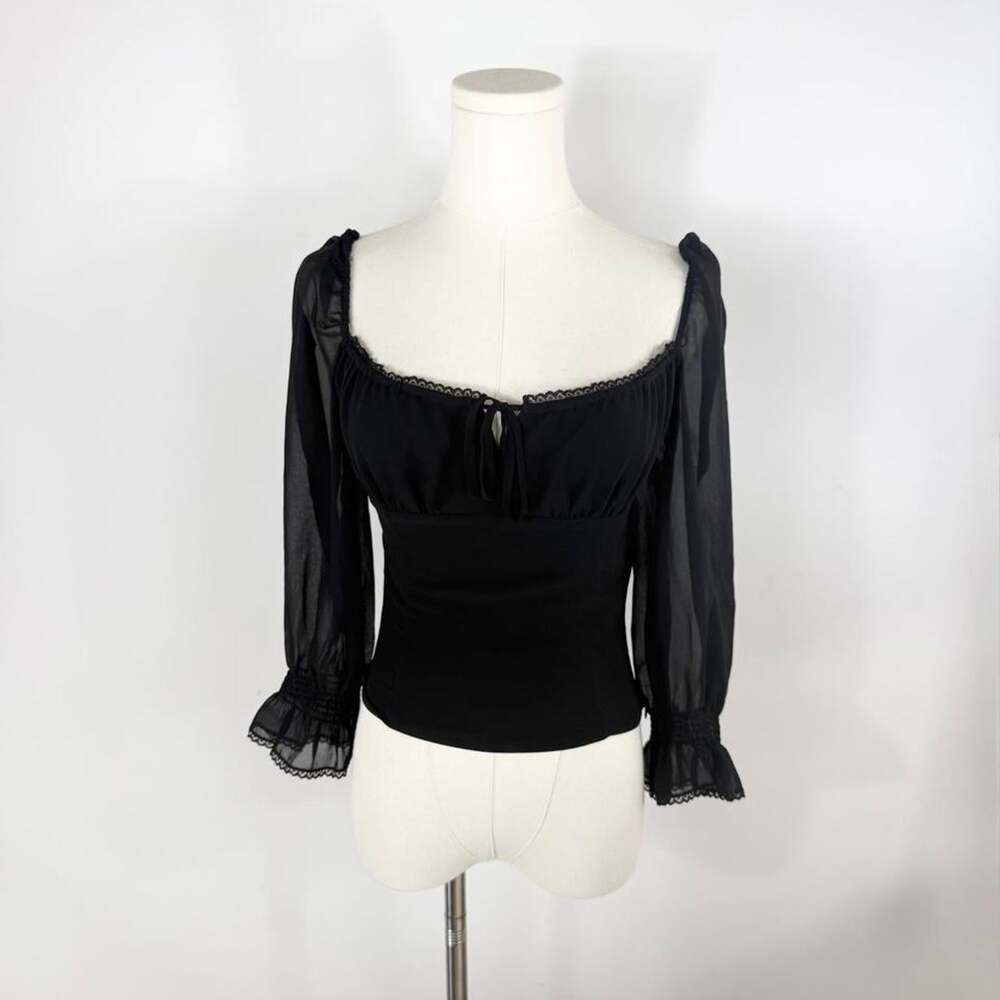 Wilfred Duke Blouse | Black Sheer Peasant Top | Lace Trim Puff Sleeve | Size S